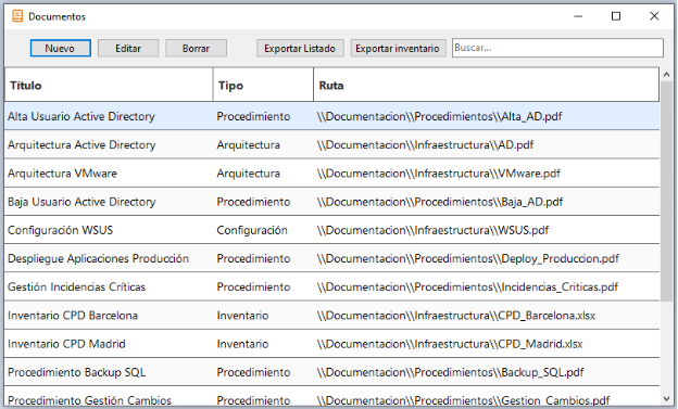 Listado de documentos en InfraNoteIT